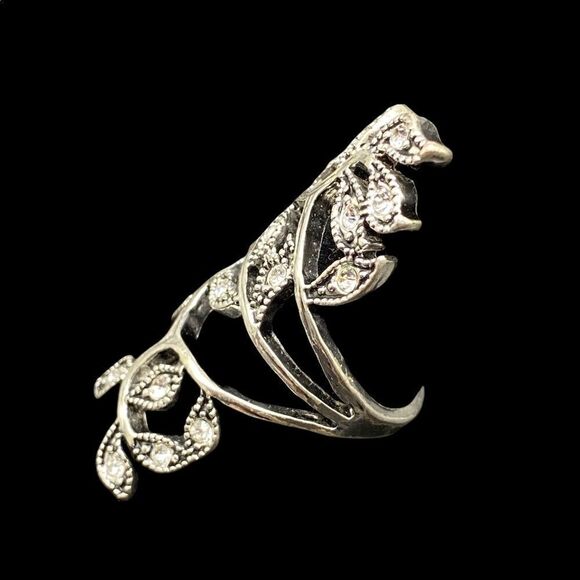 Silver tone vine ring with rhinestones marcasite style knuckle-to-knuckle - Picture 3 of 8